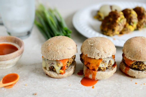 crispy buffalo style quinoa sliders with sweet corn + scallions.