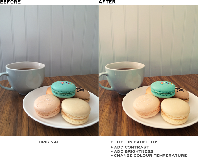 Photo of macarons and tea before and after editing in Faded App