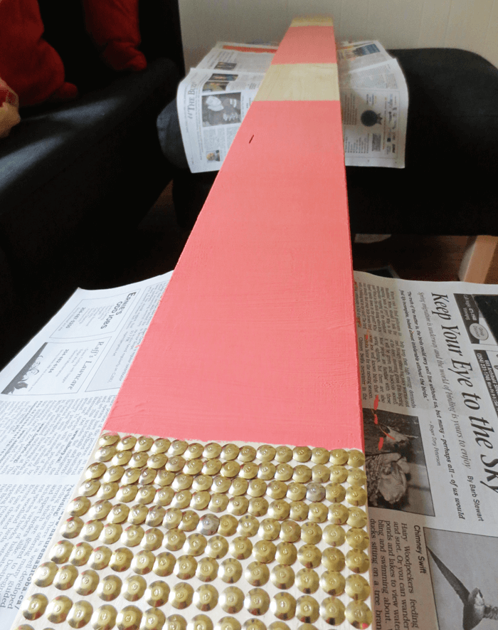 Thumbtack and painted peach table runner, in progress. (Table for 1200, Winnipeg)