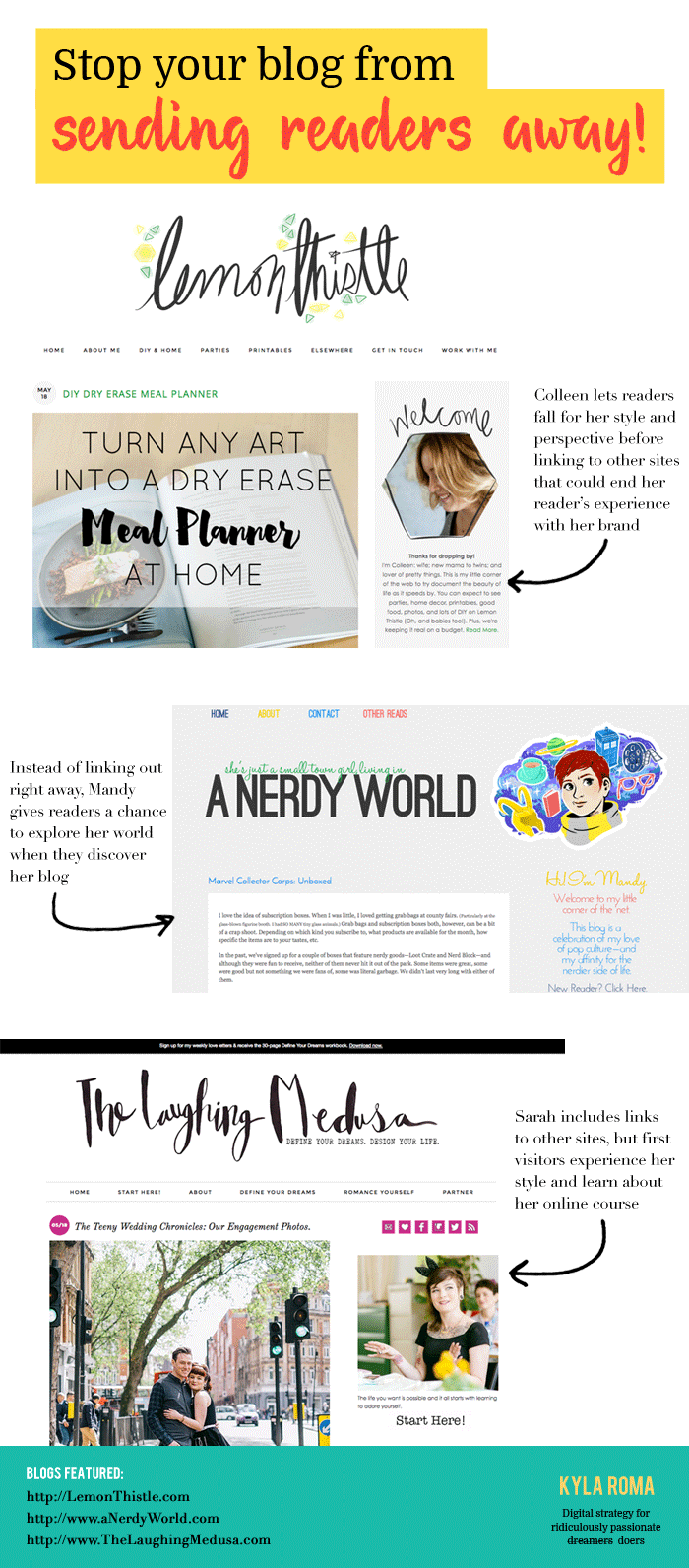 Stop your blog from sending readers away! Examples of linking with intention from KylaRoma.com